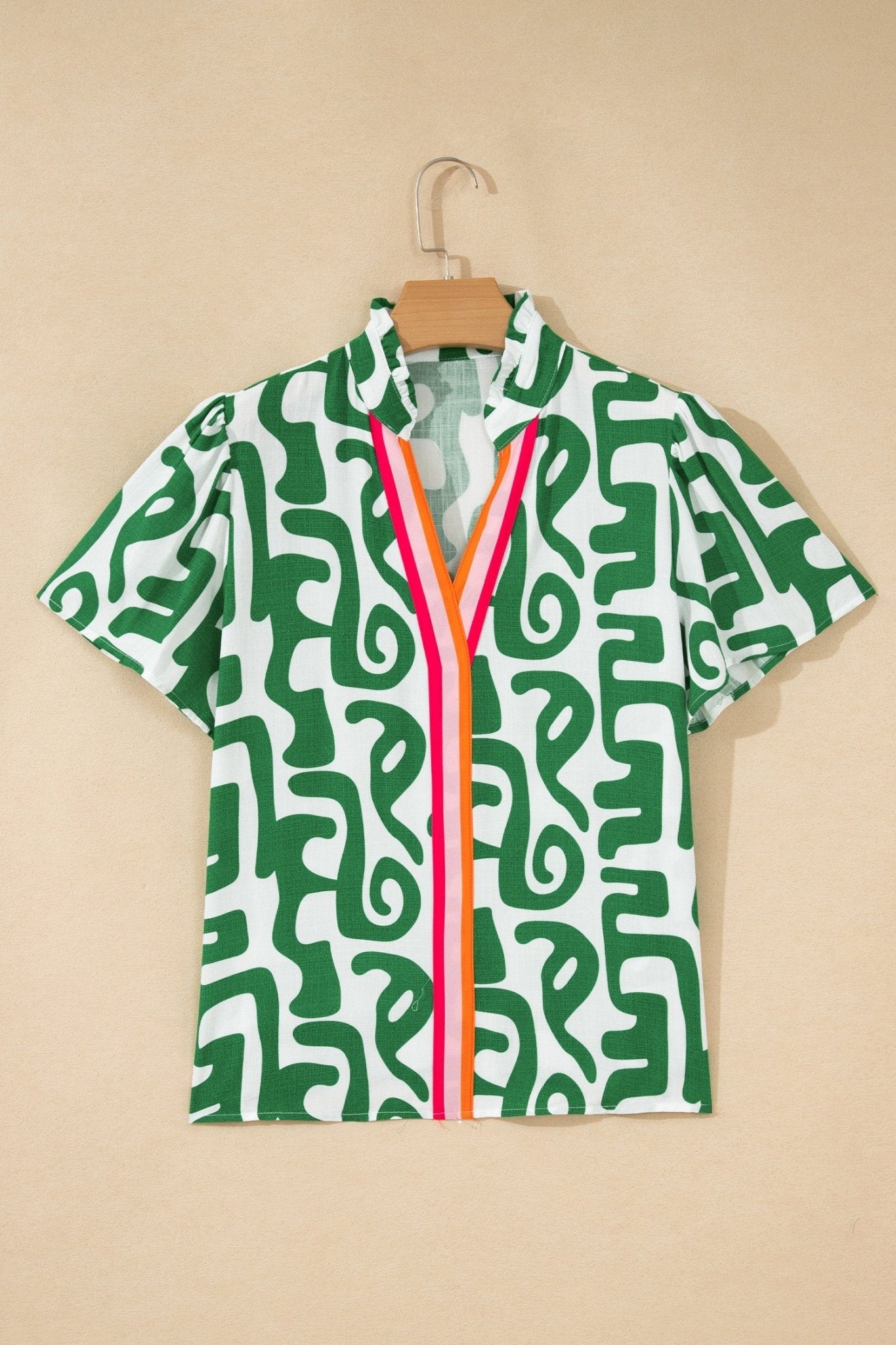 Abstract Stripe Trim V-Neck Short Sleeve Blouse - Rooted & Reckless Co.