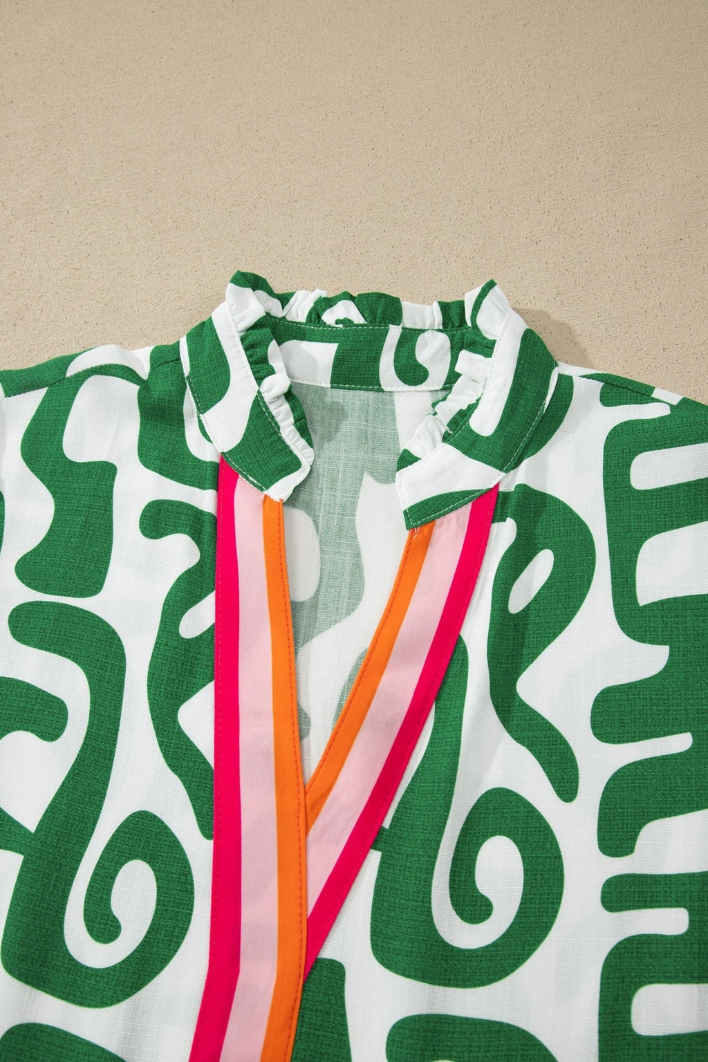 Abstract Stripe Trim V-Neck Short Sleeve Blouse - Rooted & Reckless Co.