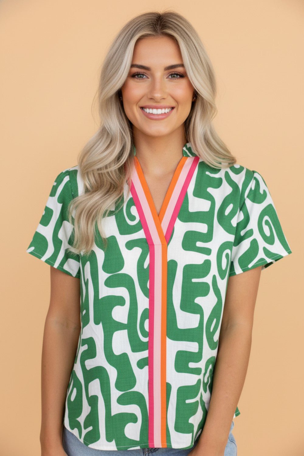 Abstract Stripe Trim V-Neck Short Sleeve Blouse - Rooted & Reckless Co.