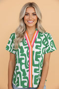 Abstract Stripe Trim V-Neck Short Sleeve Blouse - Rooted & Reckless Co.