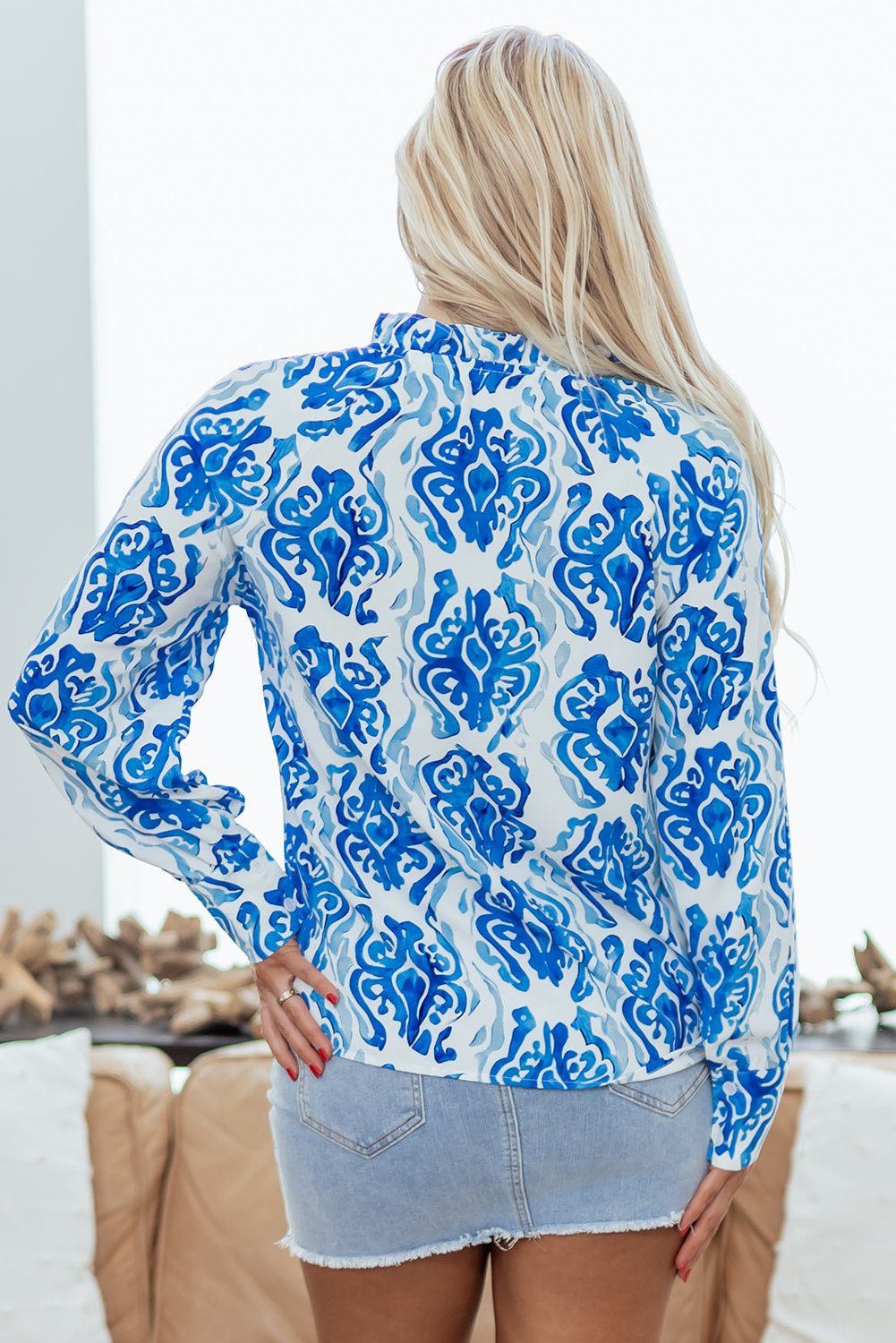 Abstract Tie-Neck Button- Up Puff Sleeve Shirt - Rooted & Reckless Co.