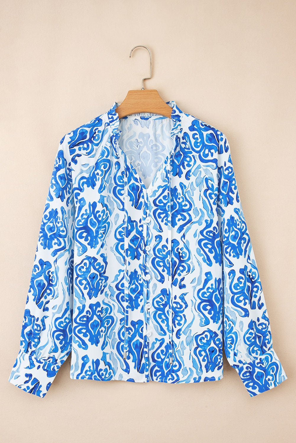 Abstract Tie-Neck Button- Up Puff Sleeve Shirt - Rooted & Reckless Co.