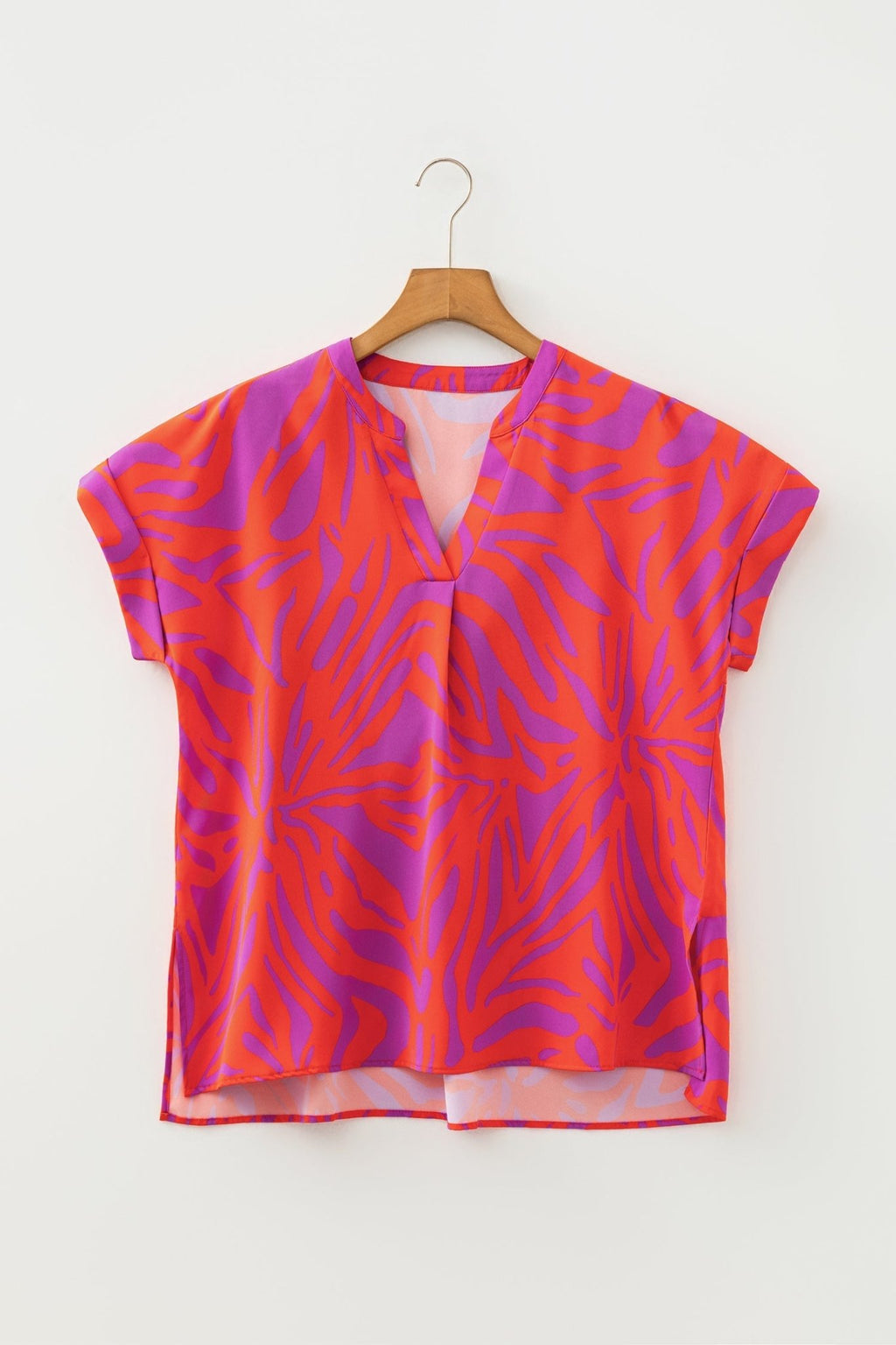 Abstract V-Neck Cuffed Short Sleeve Blouse - Rooted & Reckless Co.