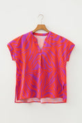 Abstract V-Neck Cuffed Short Sleeve Blouse - Rooted & Reckless Co.