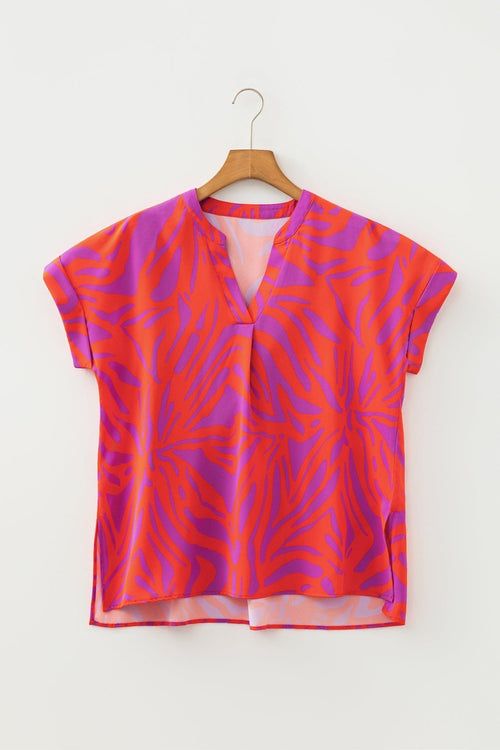 Abstract V-Neck Cuffed Short Sleeve Blouse - Rooted & Reckless Co.