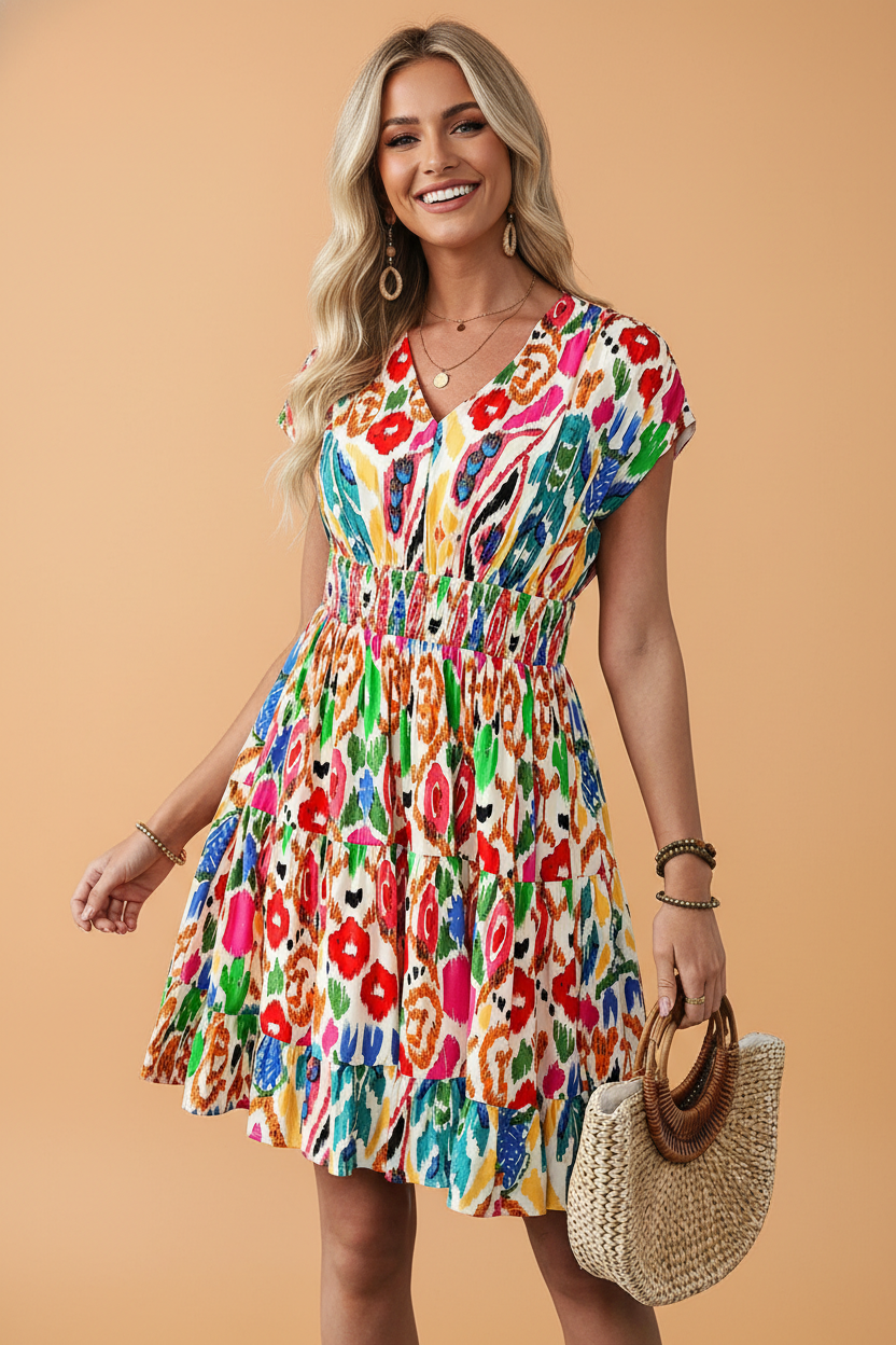 Abstract V-Neck Dolman Sleeve Ruffle Tiered Mini Dress - Rooted & Reckless Co.