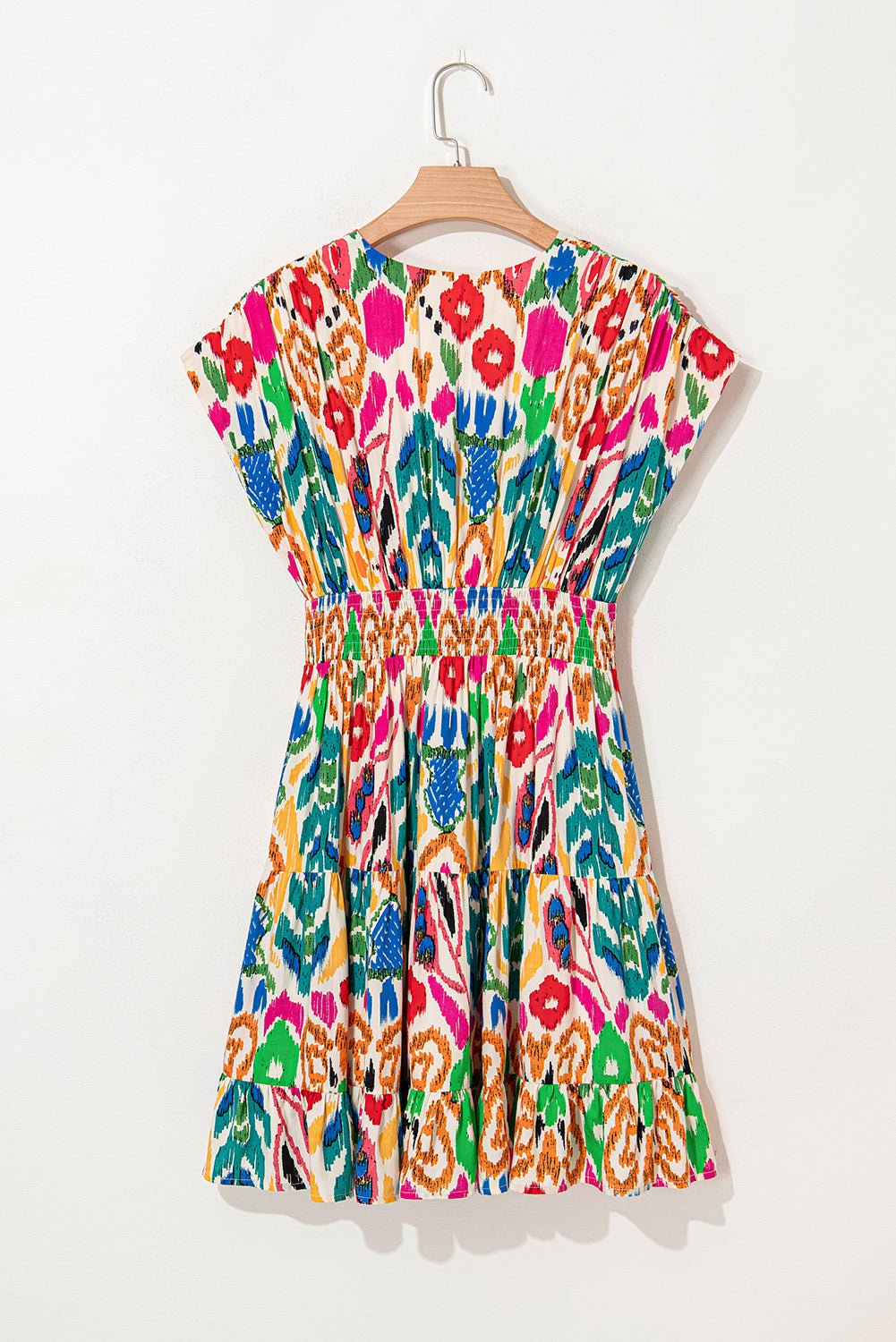 Abstract V-Neck Dolman Sleeve Ruffle Tiered Mini Dress - Rooted & Reckless Co.