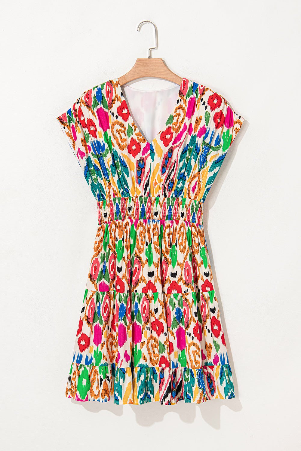 Abstract V-Neck Dolman Sleeve Ruffle Tiered Mini Dress - Rooted & Reckless Co.