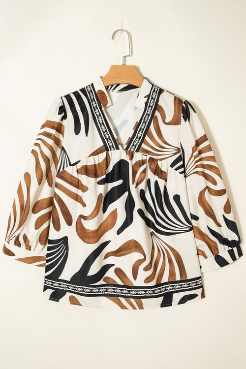 Abstract V-Neck Puff Sleeve Blouse - Rooted & Reckless Co.