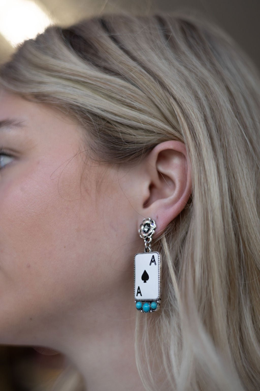 Ace of Spades Western Earrings with Faux Turquoise — 2" Drop - Rooted & Reckless Co.