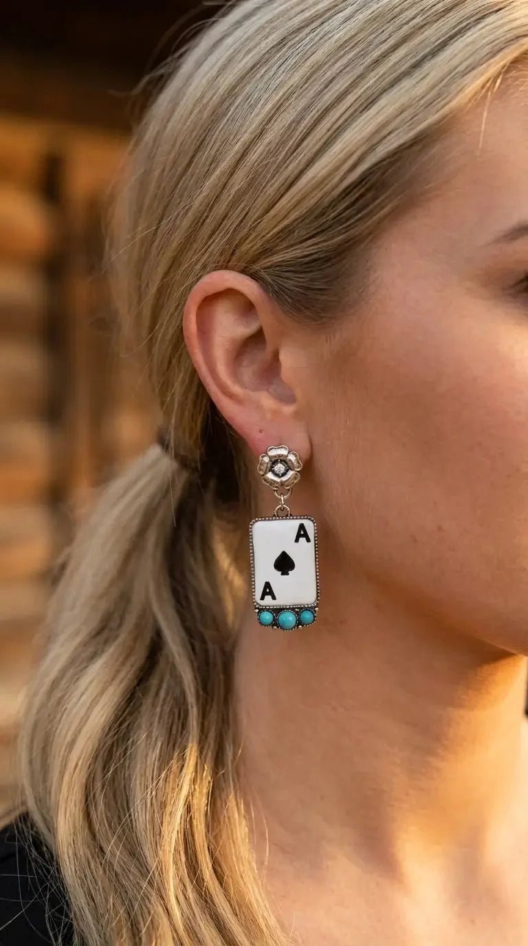 Ace of Spades Western Earrings with Faux Turquoise — 2" Drop - Rooted & Reckless Co.
