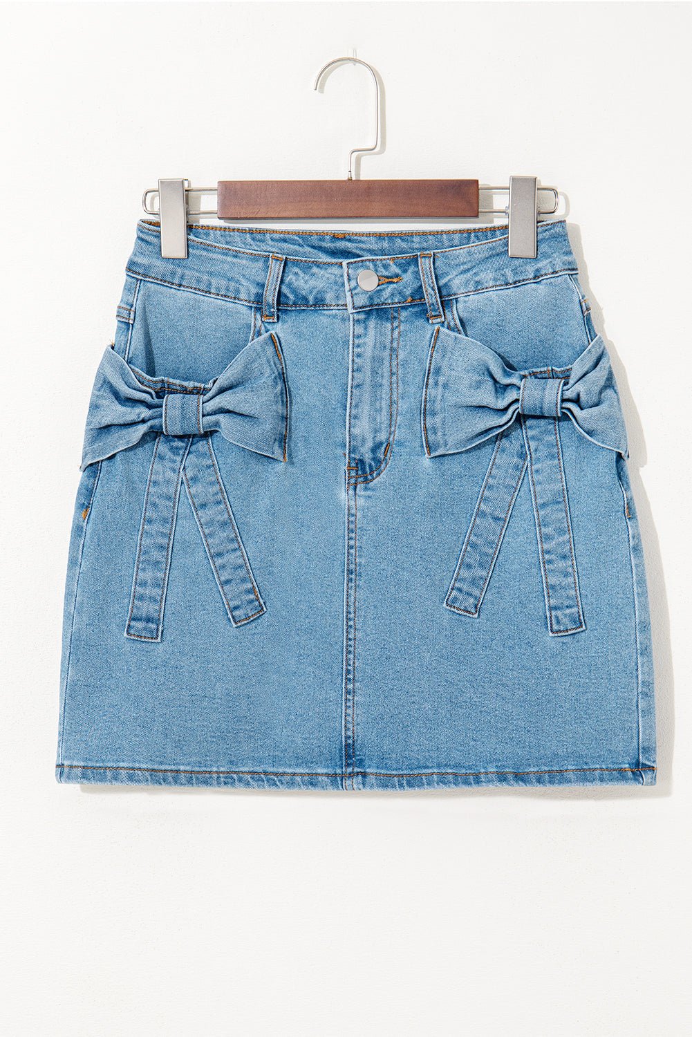 Acid Wash Denim Bow Pocket High Waist Skirt - Rooted & Reckless Co.