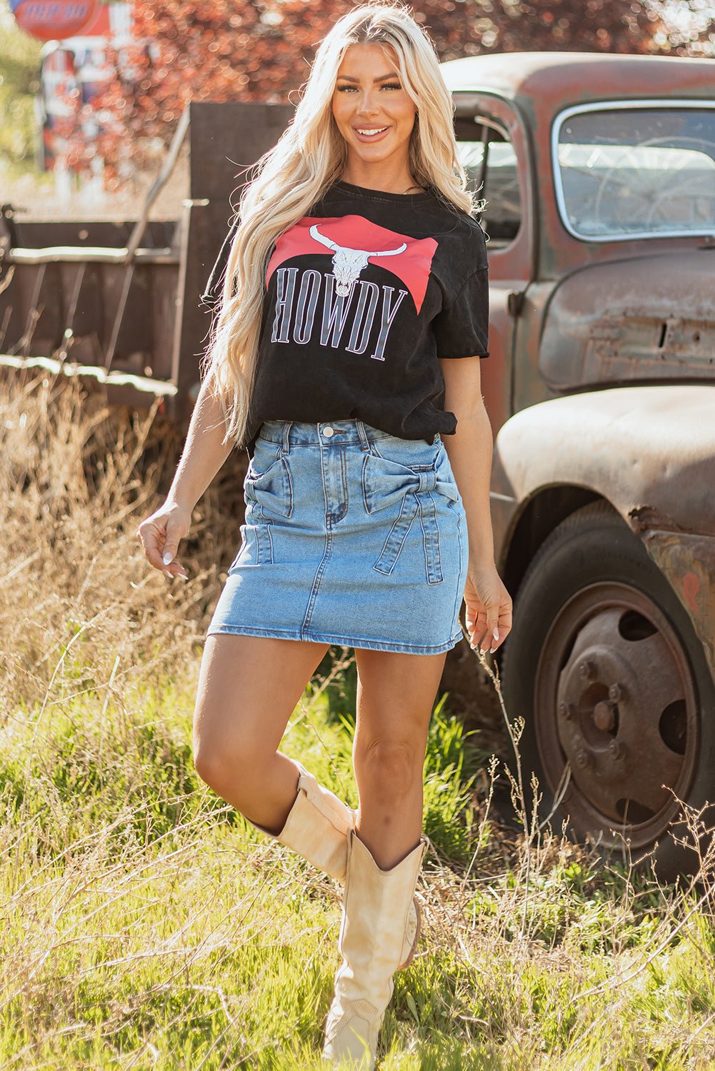 Acid Wash Denim Bow Pocket High Waist Skirt - Rooted & Reckless Co.