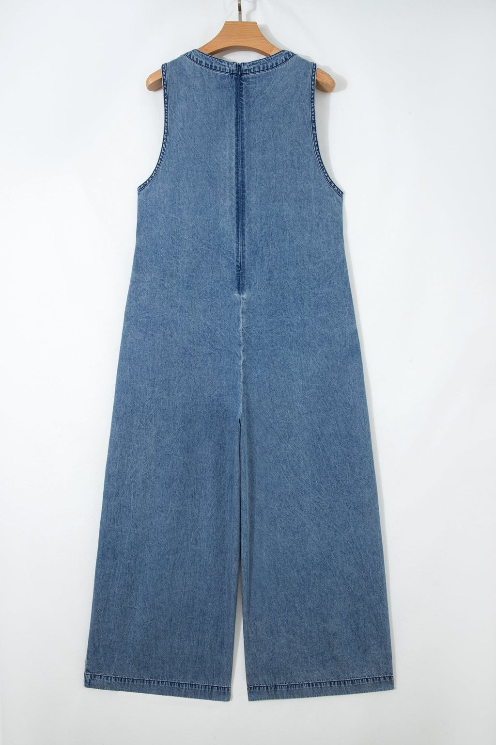 Acid Wash Denim Pleated Tie V-Neck Jumpsuit - Rooted & Reckless Co.
