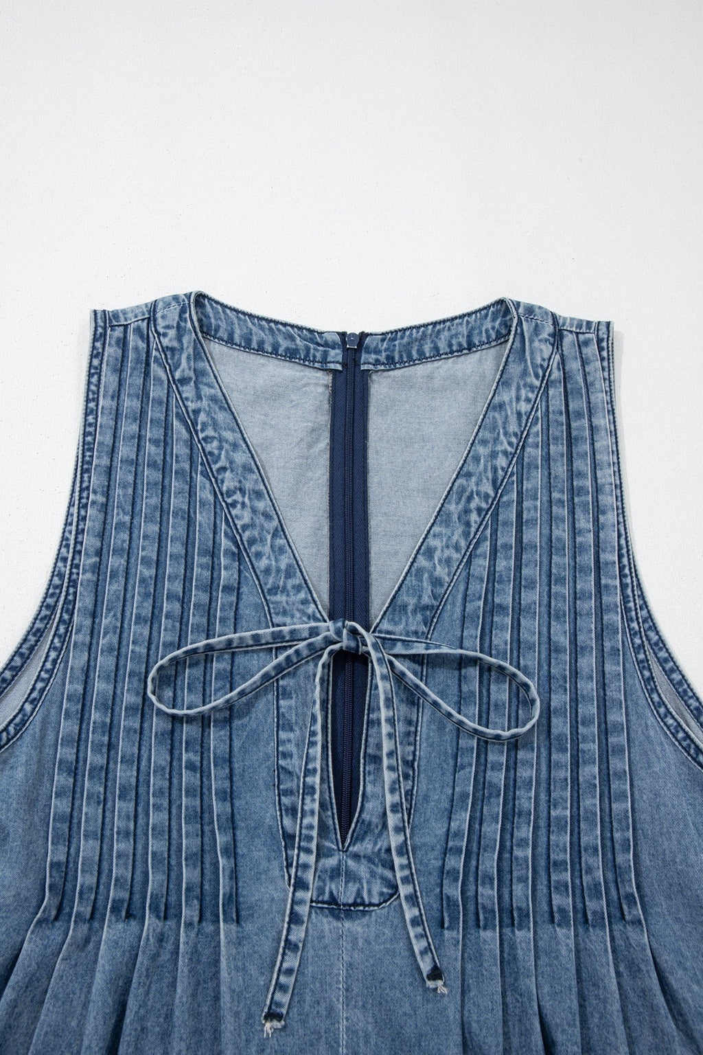 Acid Wash Denim Pleated Tie V-Neck Jumpsuit - Rooted & Reckless Co.
