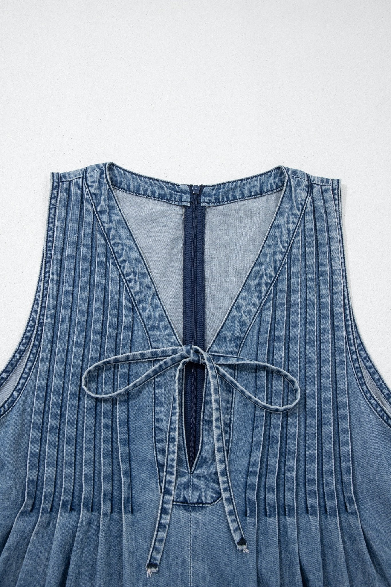 Acid Wash Denim Pleated Tie V-Neck Jumpsuit - Rooted & Reckless Co.