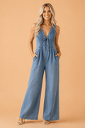 Acid Wash Denim Pleated Tie V-Neck Jumpsuit - Rooted & Reckless Co.