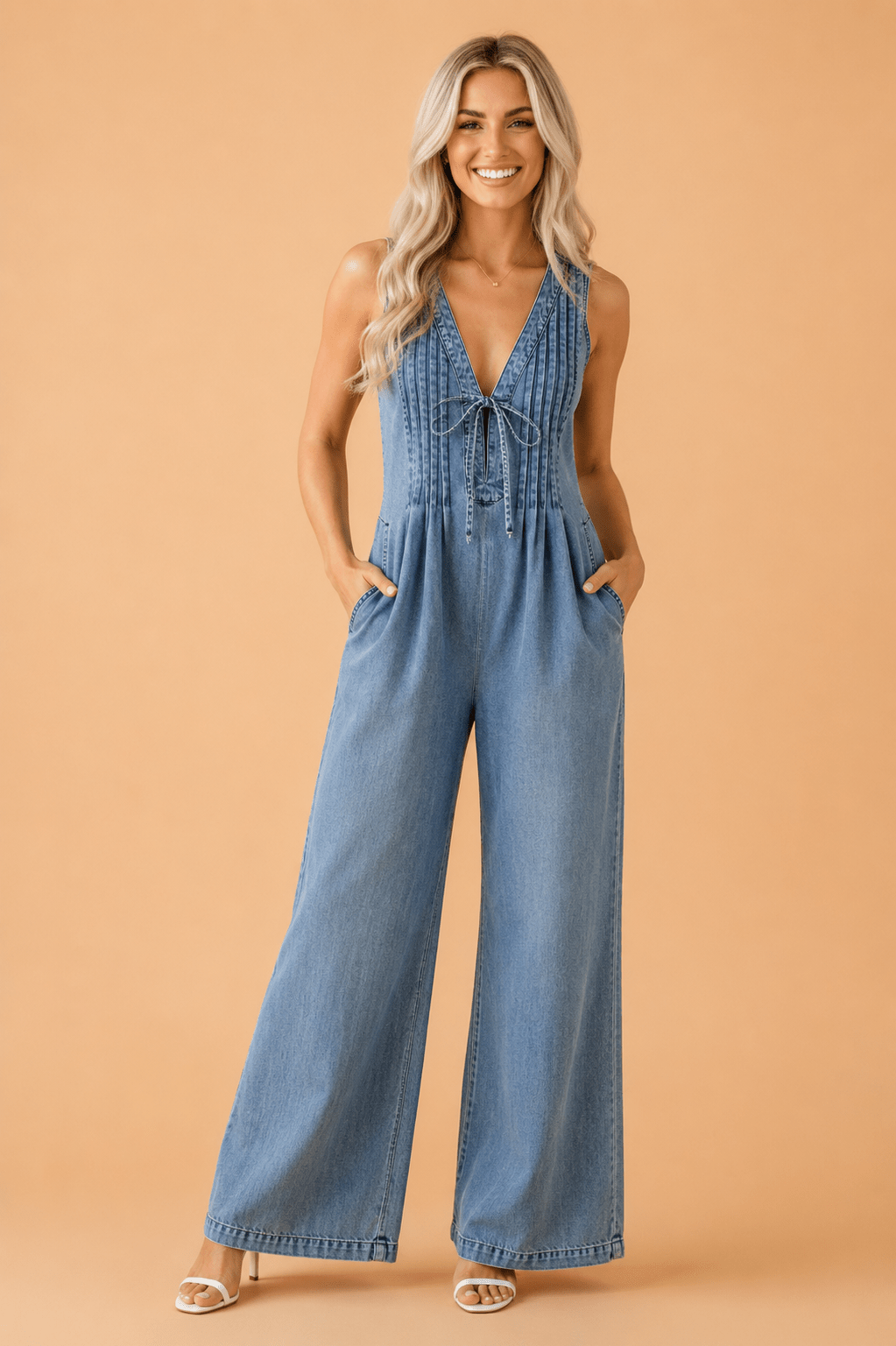 Acid Wash Denim Pleated Tie V-Neck Jumpsuit - Rooted & Reckless Co.