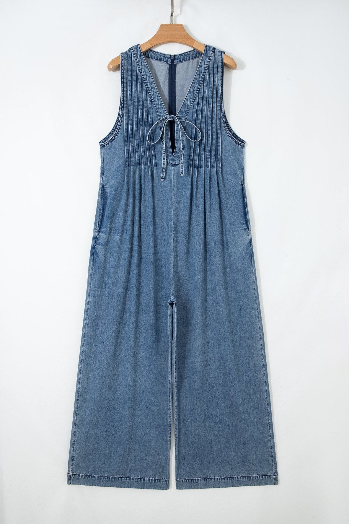 Acid Wash Denim Pleated Tie V-Neck Jumpsuit - Rooted & Reckless Co.