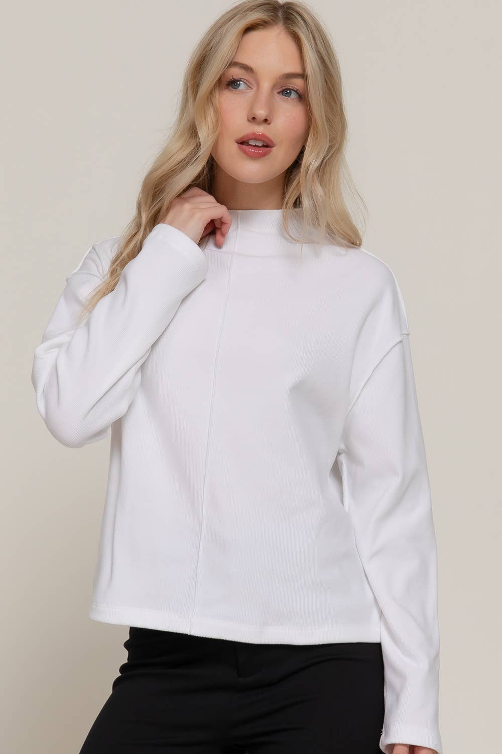 Active Basic "Frontier" Brushed Rib Mock Neck Western Top — Visible Overlocked Seams (Mushroom or White) - Rooted & Reckless Co.