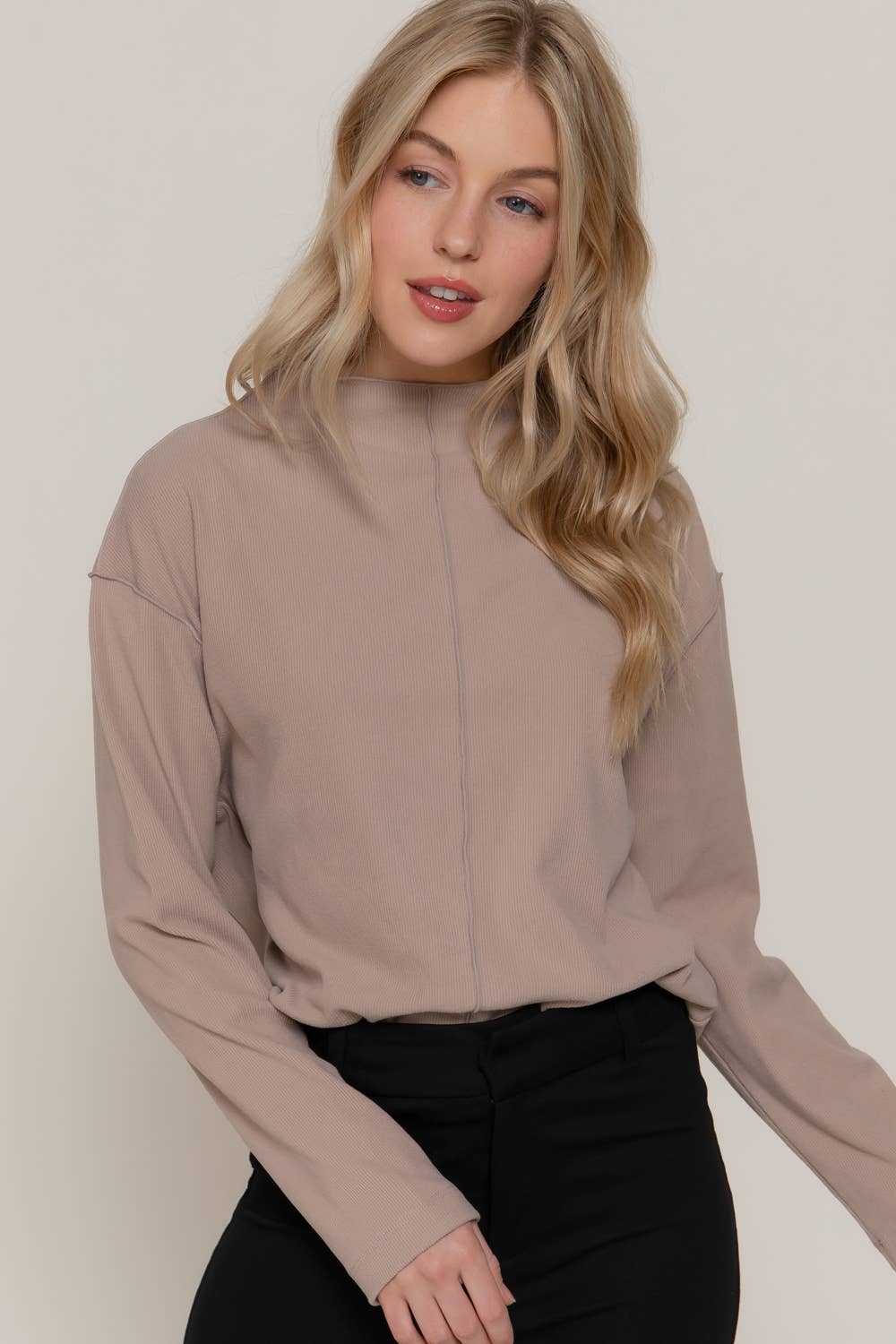 Active Basic "Frontier" Brushed Rib Mock Neck Western Top — Visible Overlocked Seams (Mushroom or White) - Rooted & Reckless Co.