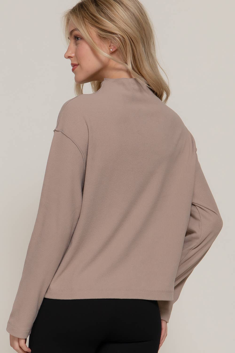 Active Basic "Frontier" Brushed Rib Mock Neck Western Top — Visible Overlocked Seams (Mushroom or White) - Rooted & Reckless Co.