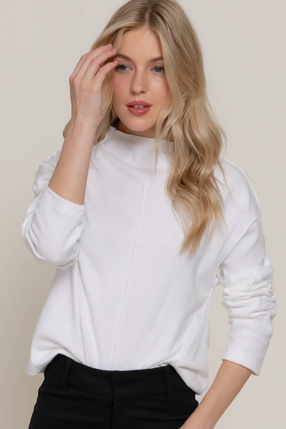 Active Basic "Frontier" Brushed Rib Mock Neck Western Top — Visible Overlocked Seams (Mushroom or White) - Rooted & Reckless Co.