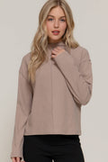 Active Basic "Frontier" Brushed Rib Mock Neck Western Top — Visible Overlocked Seams (Mushroom or White) - Rooted & Reckless Co.