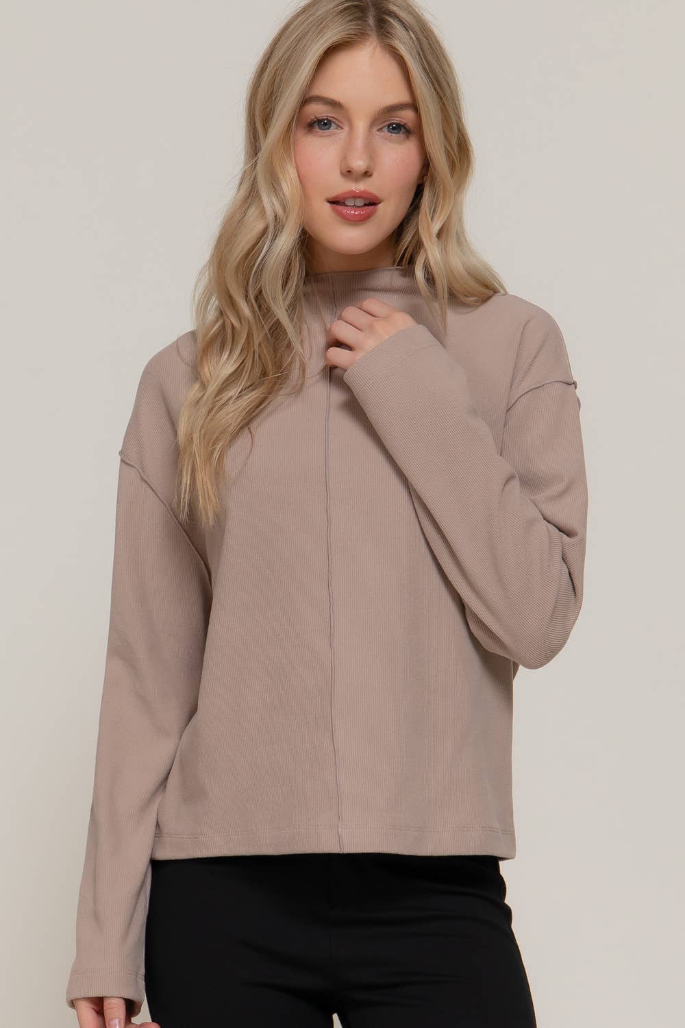 Active Basic "Frontier" Brushed Rib Mock Neck Western Top — Visible Overlocked Seams (Mushroom or White) - Rooted & Reckless Co.