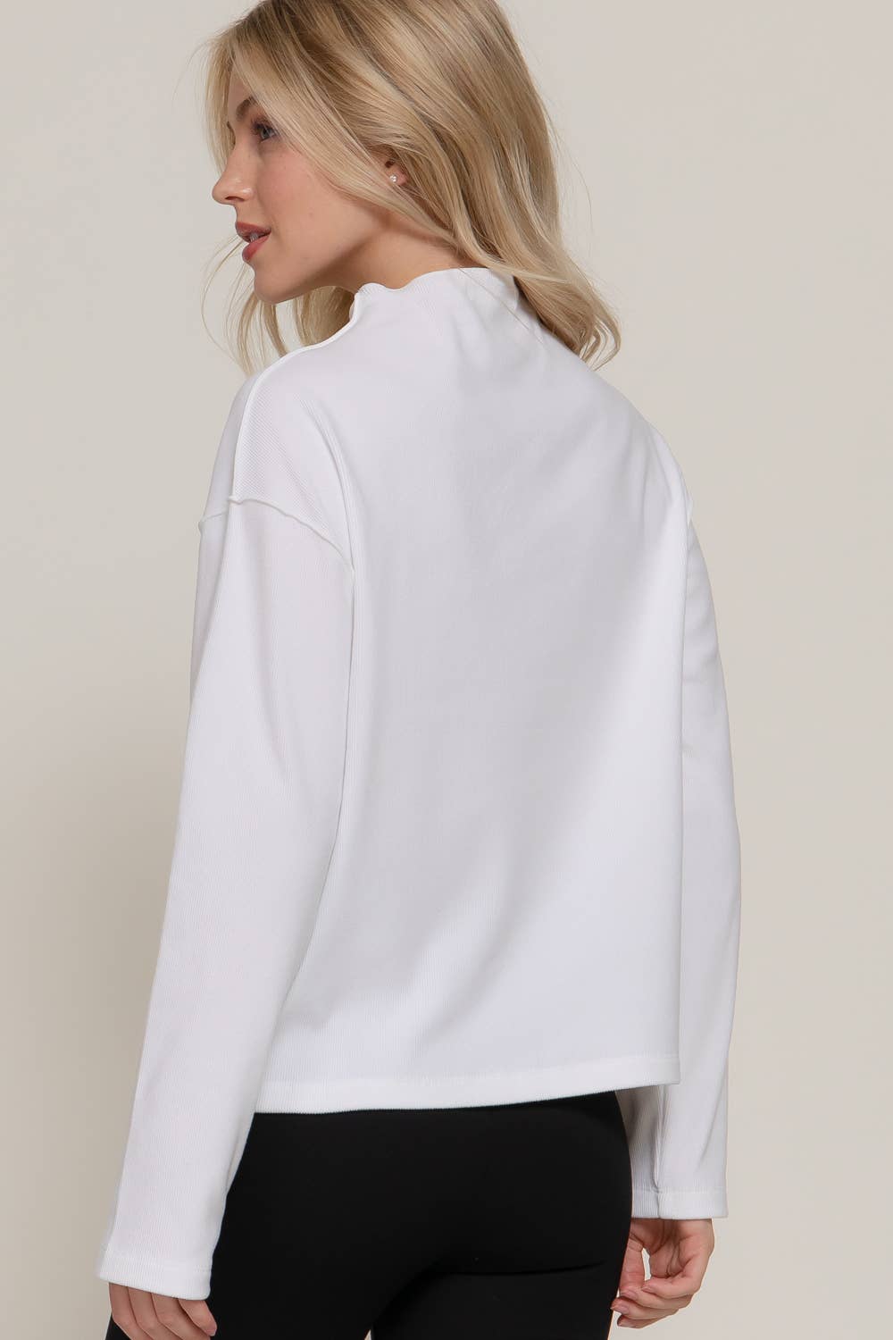 Active Basic "Frontier" Brushed Rib Mock Neck Western Top — Visible Overlocked Seams (Mushroom or White) - Rooted & Reckless Co.