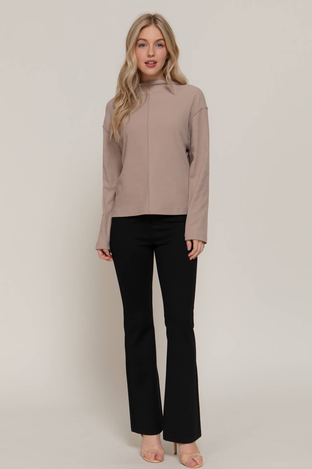 Active Basic "Frontier" Brushed Rib Mock Neck Western Top — Visible Overlocked Seams (Mushroom or White) - Rooted & Reckless Co.