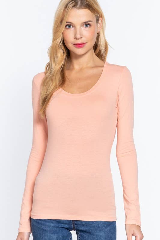 Active Basic Long Sleeve Scoop Neck Western Basics Top — Cotton Layering Staple (Truffle or Petal Pink) - Rooted & Reckless Co.