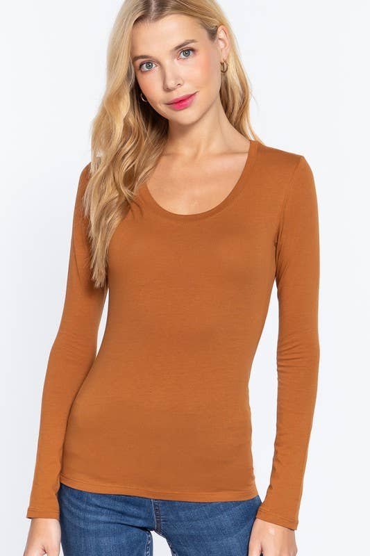Active Basic Long Sleeve Scoop Neck Western Basics Top — Cotton Layering Staple (Truffle or Petal Pink) - Rooted & Reckless Co.