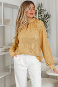 Solid Metallic Sequin Balloon Sleeve Blouse