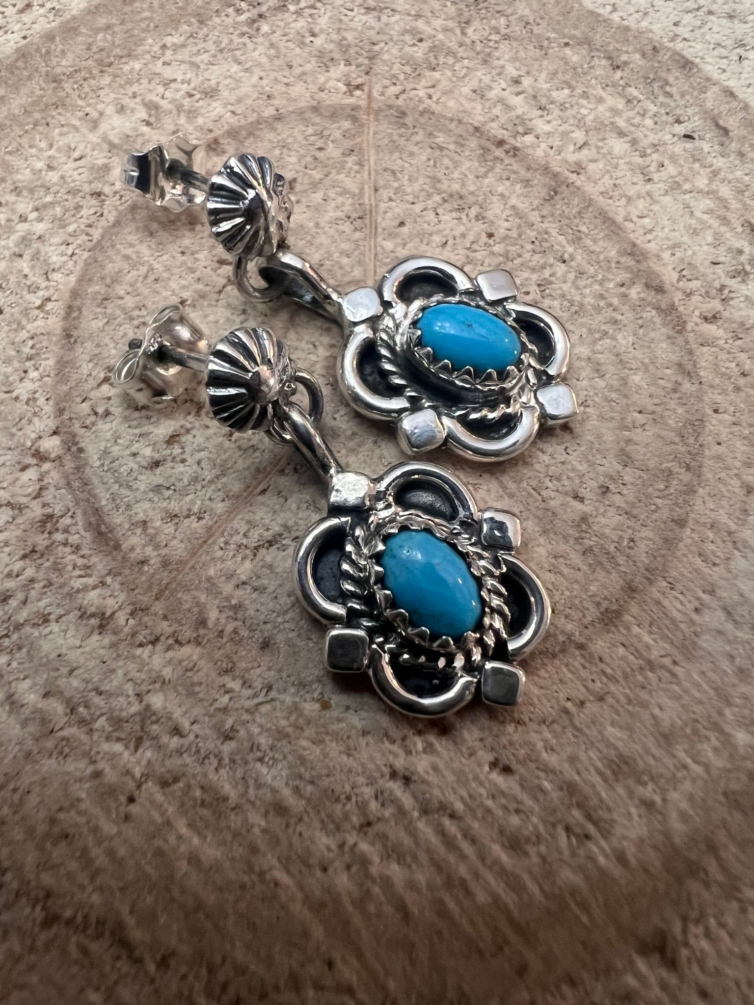 Adelarae Yazzie Navajo Sterling Silver Kingman Turquoise Earrings — 3/4" Drop - Rooted & Reckless Co.