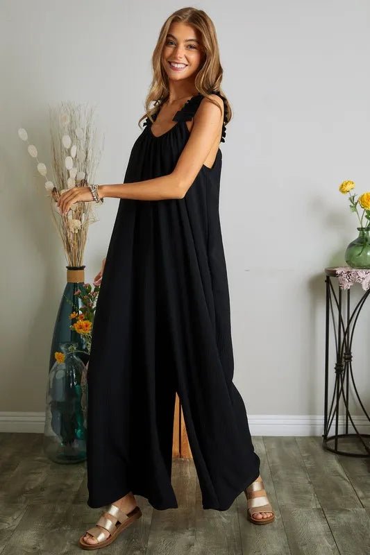ADORA Full Size Elastic Ruffle Shoulder Jumpsuit Plus Size - Rooted & Reckless Co.