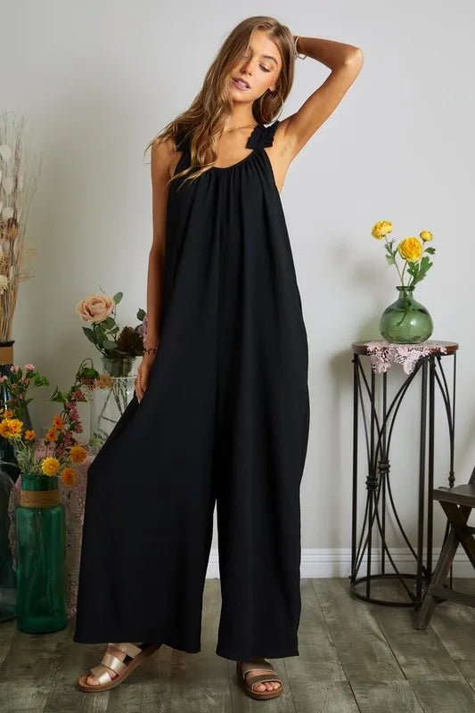ADORA Full Size Elastic Ruffle Shoulder Jumpsuit Plus Size - Rooted & Reckless Co.