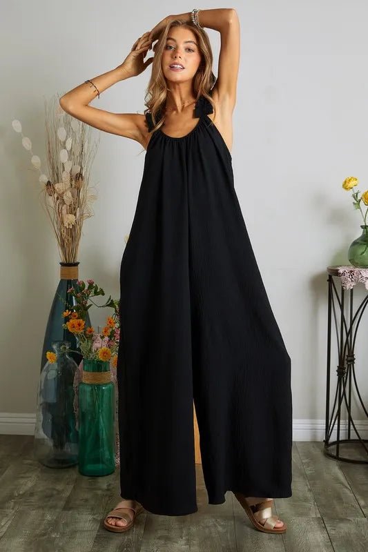 ADORA Full Size Elastic Ruffle Shoulder Jumpsuit Plus Size - Rooted & Reckless Co.