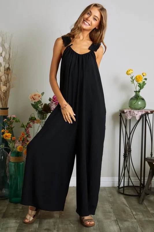 ADORA Full Size Elastic Ruffle Shoulder Jumpsuit Plus Size - Rooted & Reckless Co.