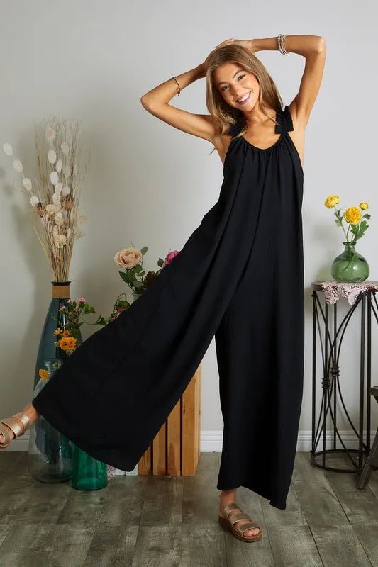 ADORA Full Size Elastic Ruffle Shoulder Jumpsuit Plus Size - Rooted & Reckless Co.