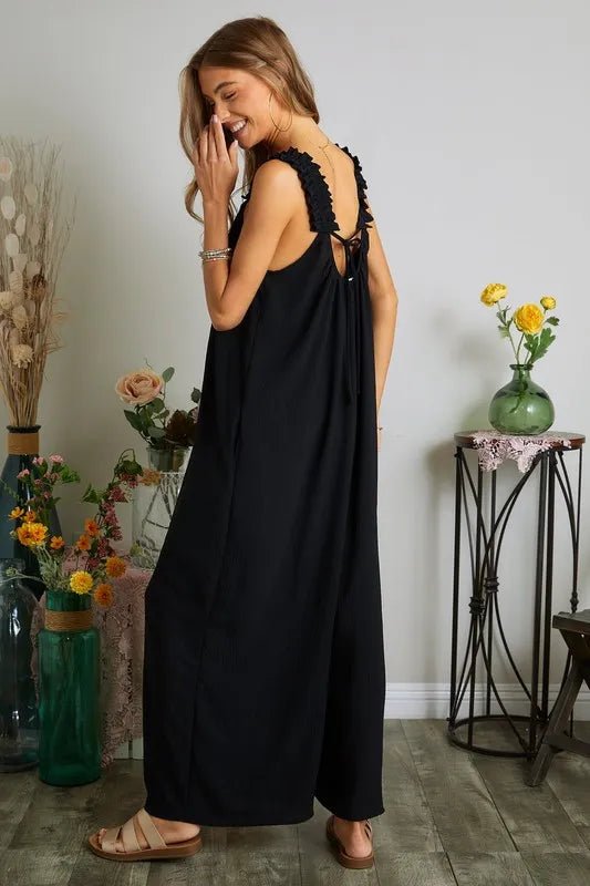 ADORA Full Size Elastic Ruffle Shoulder Jumpsuit Plus Size - Rooted & Reckless Co.