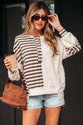 Khaki Stripe Stitched Detail Color Block Patchwork Oversized Pullover Top