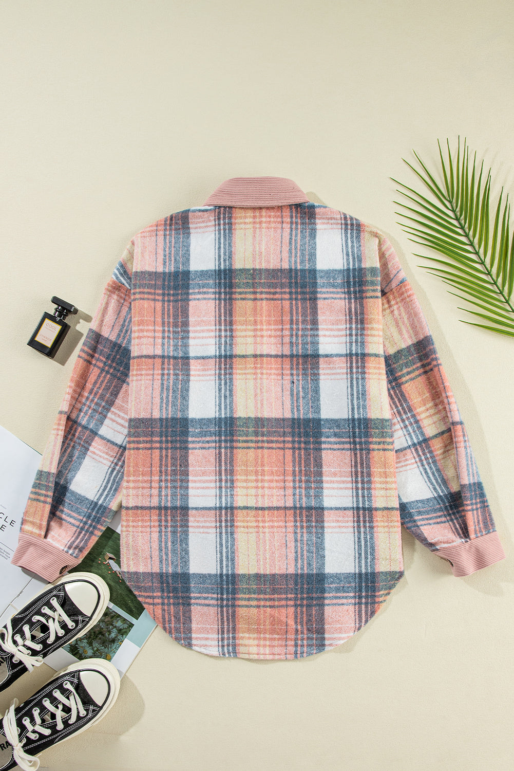 Plaid Corduroy Patchwork Chest Pocket Buttoned Shacket