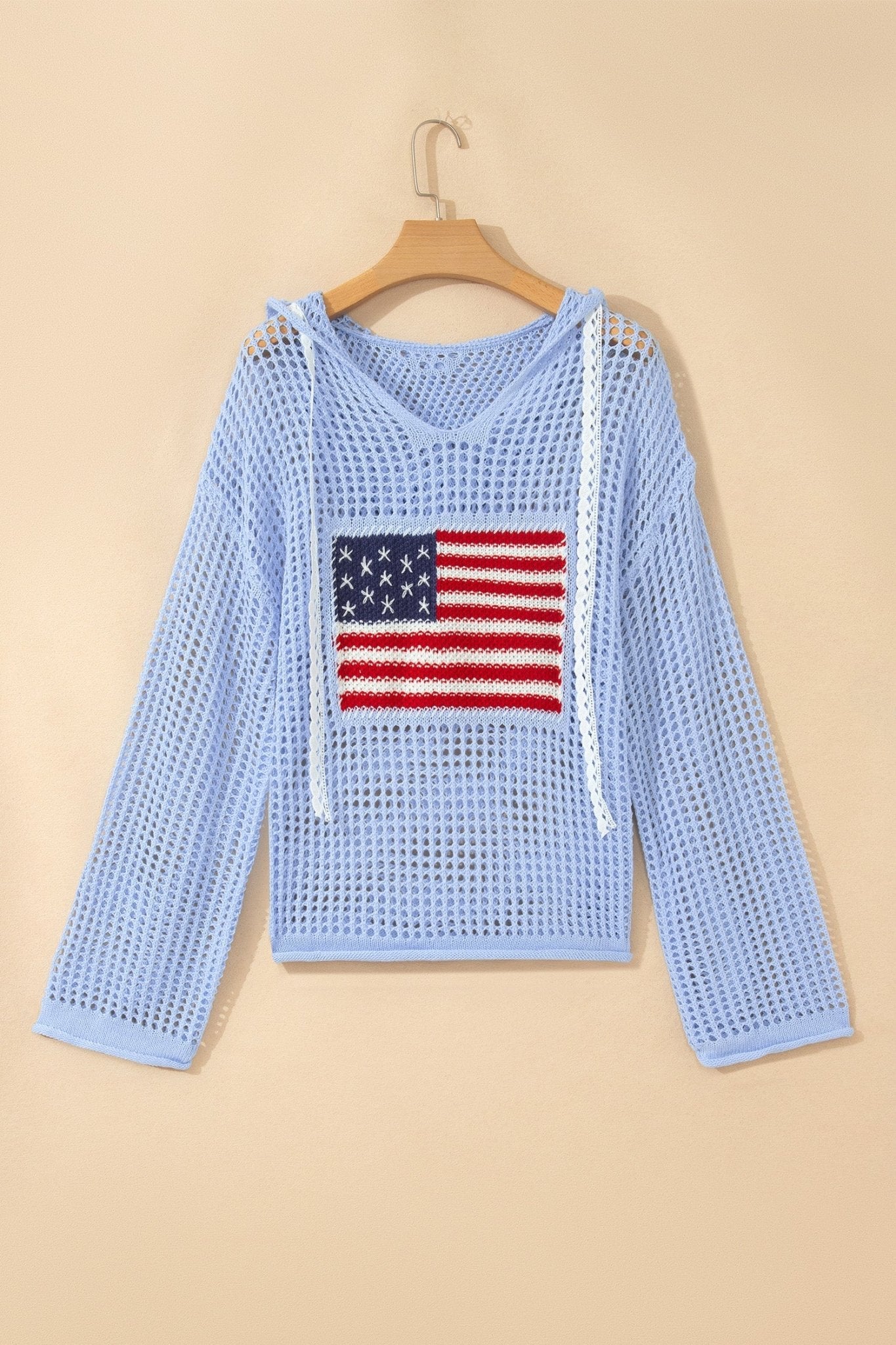 American Flag Patched Crochet Knit Hoodie - Rooted & Reckless Co.