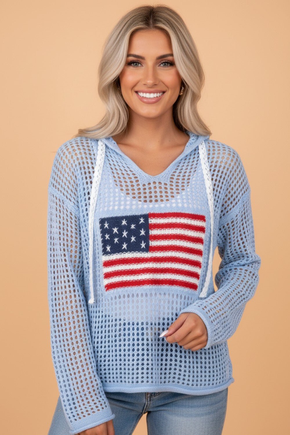 American Flag Patched Crochet Knit Hoodie - Rooted & Reckless Co.
