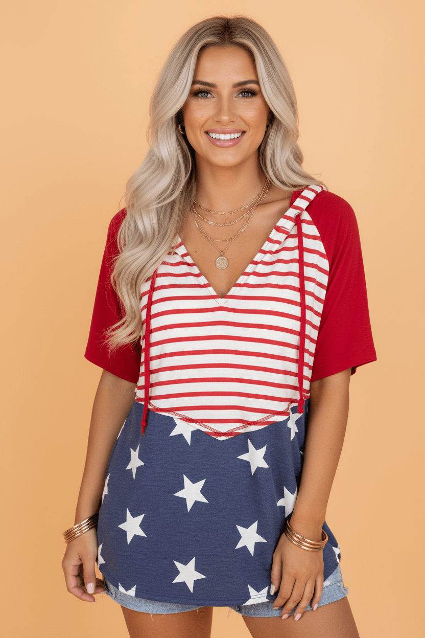 Americana Stars & Stripes Drawstring Hooded T-Shirt - Rooted & Reckless Co.