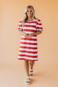 Americana Stripe Contrast Trim Puff Sleeve Dress - Rooted & Reckless Co.