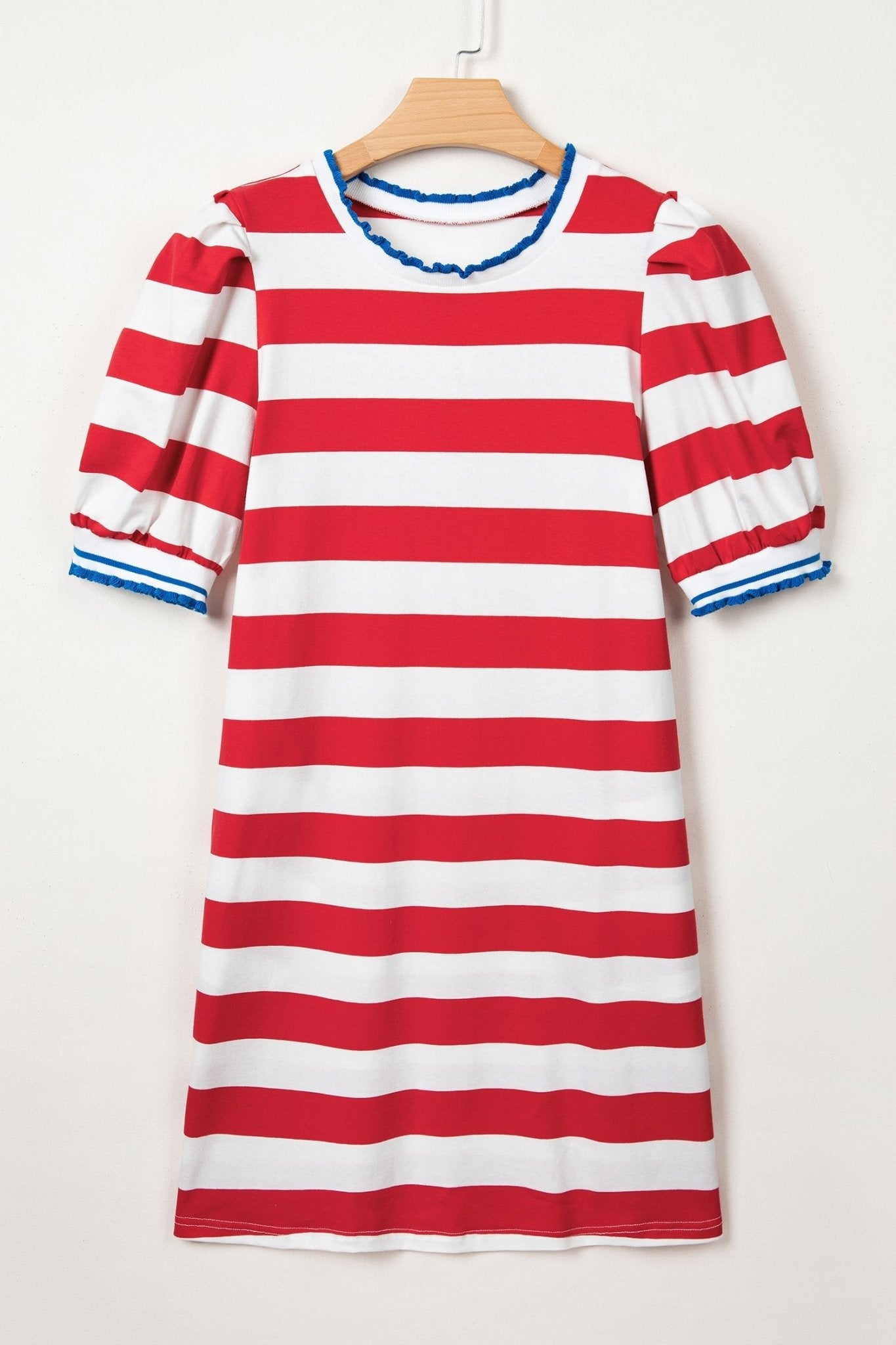 Americana Stripe Contrast Trim Puff Sleeve Dress - Rooted & Reckless Co.