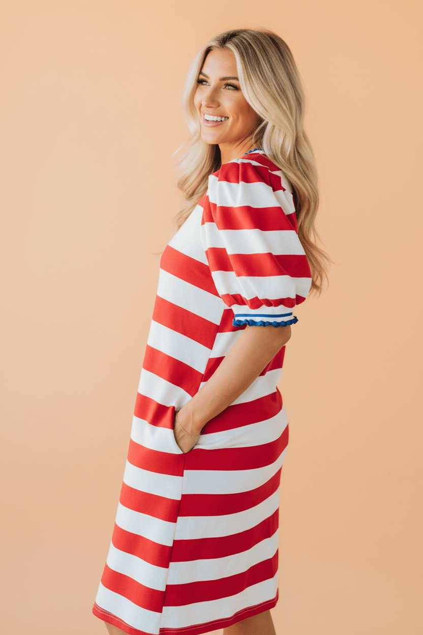 Americana Stripe Contrast Trim Puff Sleeve Dress - Rooted & Reckless Co.