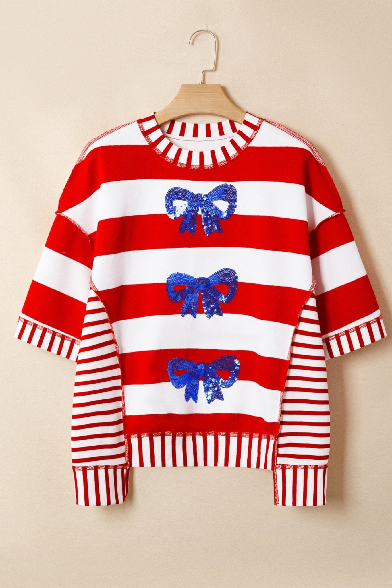 Americana Stripe Sequin Bow Short Sleeve Top - Rooted & Reckless Co.